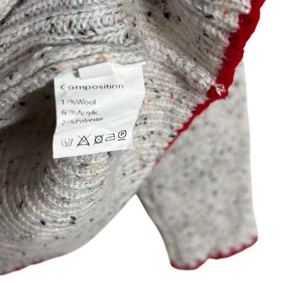 Mock Neck Speckled Ribbed Crochet Heart Pullover Sweater Light Gray Red Medium - Picture 6 of 7
